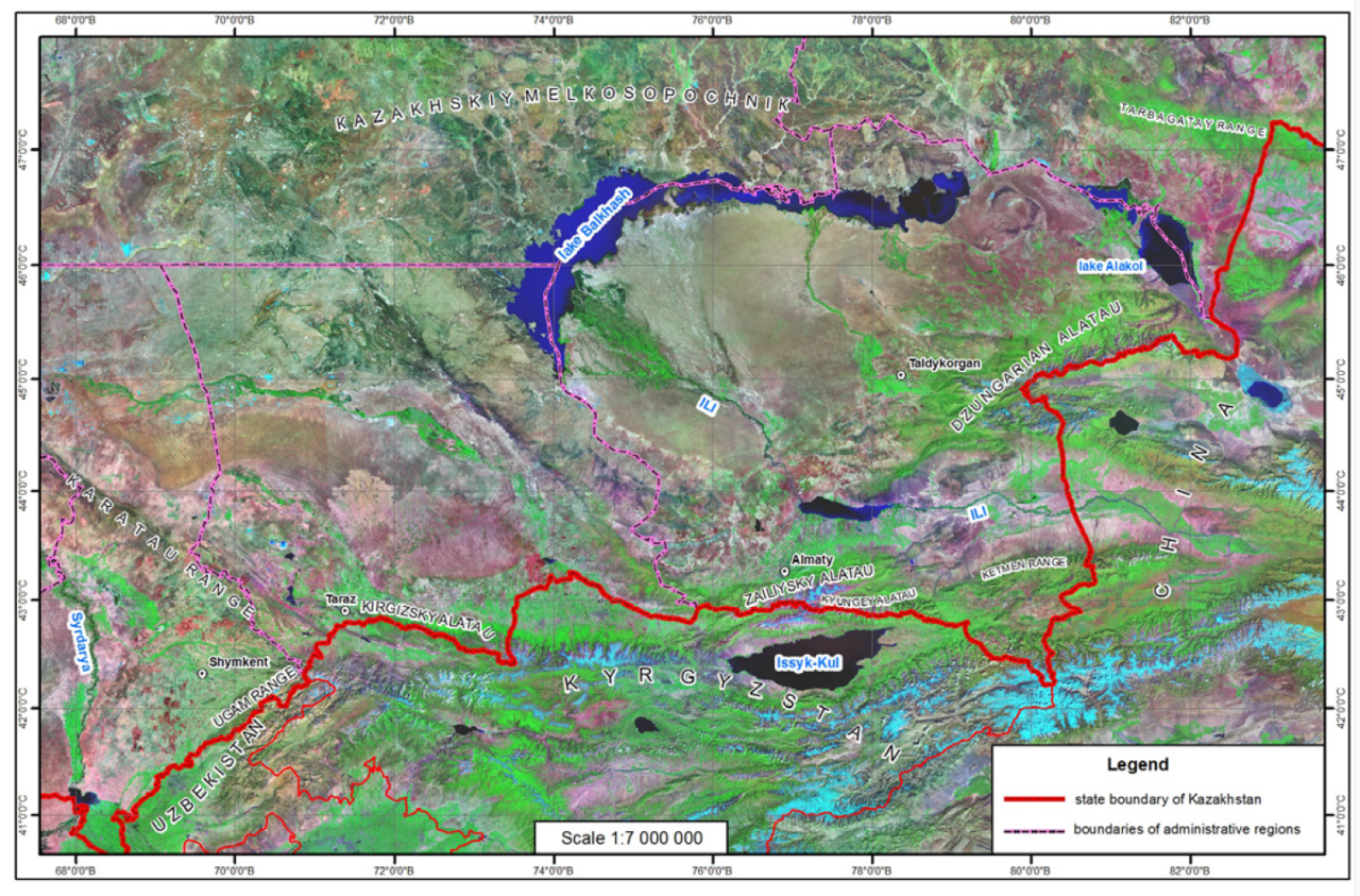 La mappa mostra le diverse aree di Tien Shan dove sono state trovate le principali foreste di meli selvatici; da Nord Est a Sud Est: Tarbagatay, Dzungarian Alata, Zailiysky Alatau e Karatau.